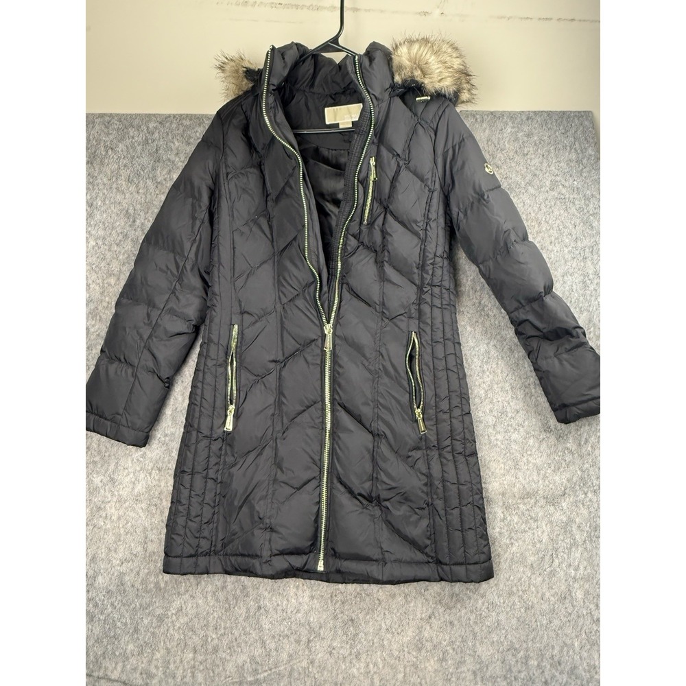 Michael Kors Women's Small Black/Gold Down‎ Filled Faux Fur Trim Hooded Jacket